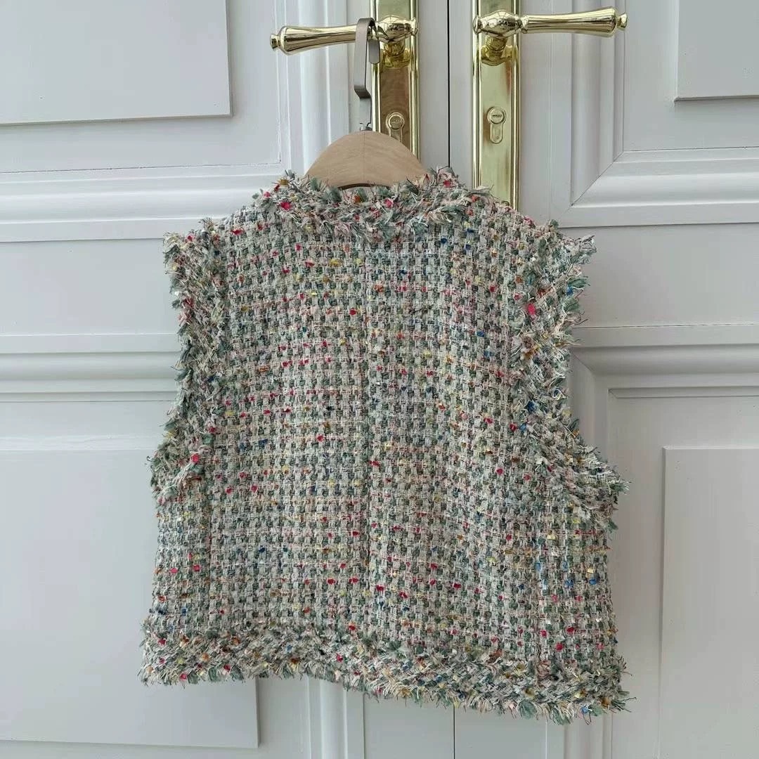 🇰🇷 氣質小香風 彩色粗花呢珍珠釦V領馬甲背心