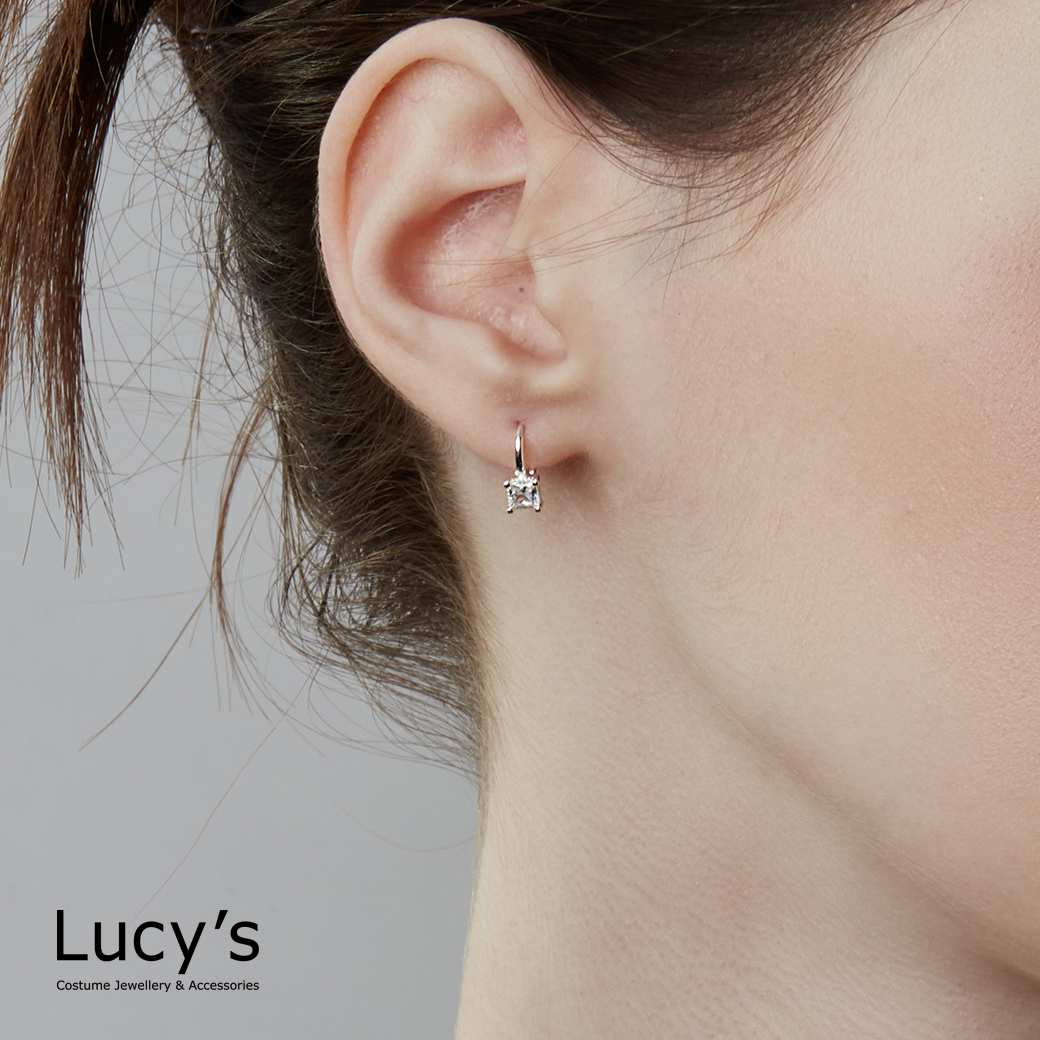 925純銀 方塊鋯石 易扣耳環 (119715)