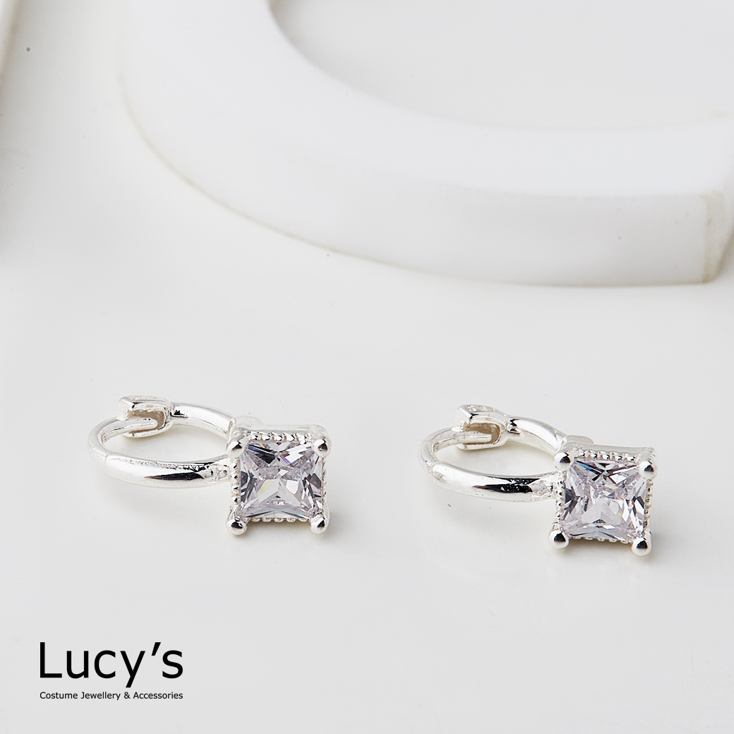 925純銀 方塊鋯石 易扣耳環 (119715)