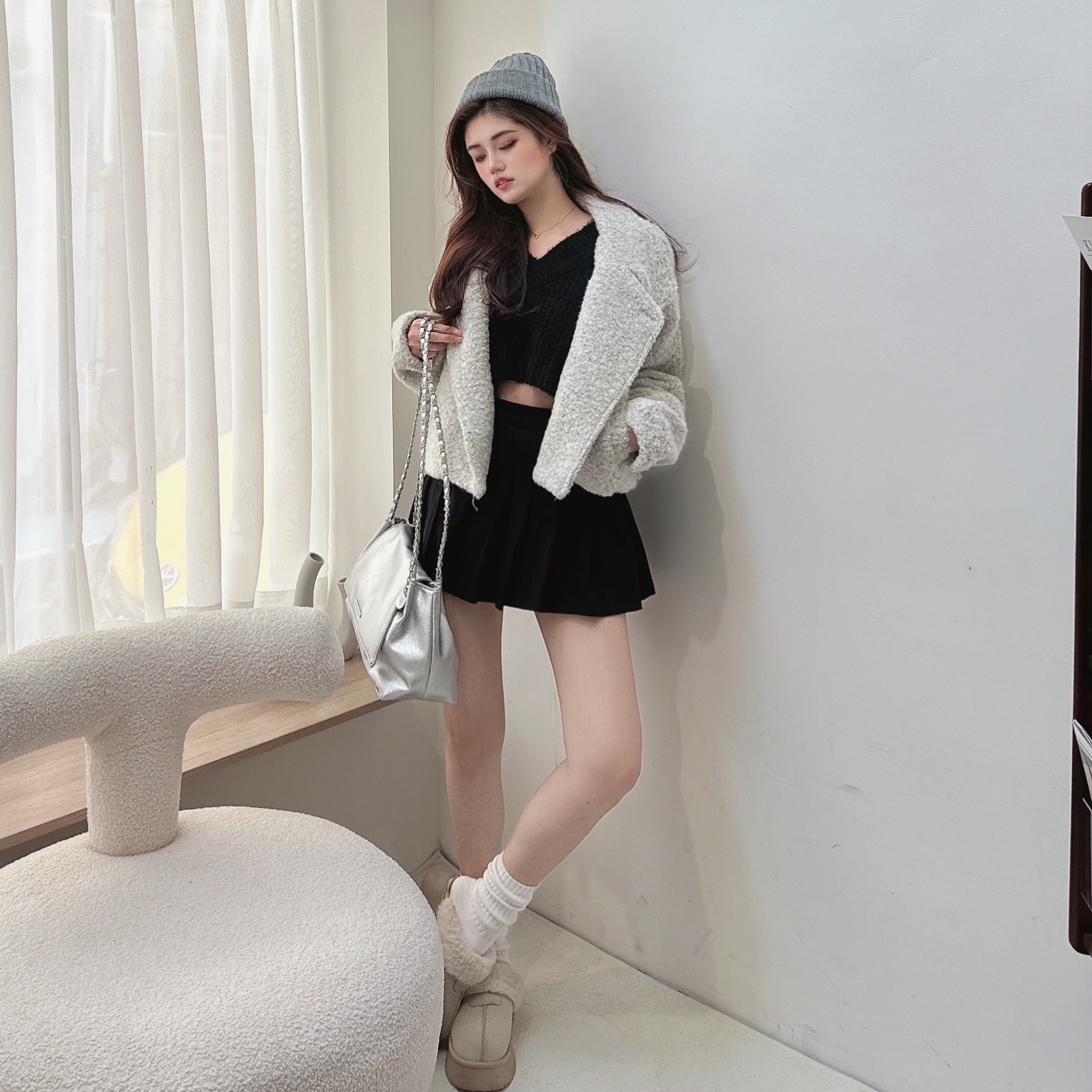 QQ羊羔毛立領鋪棉外套/二色