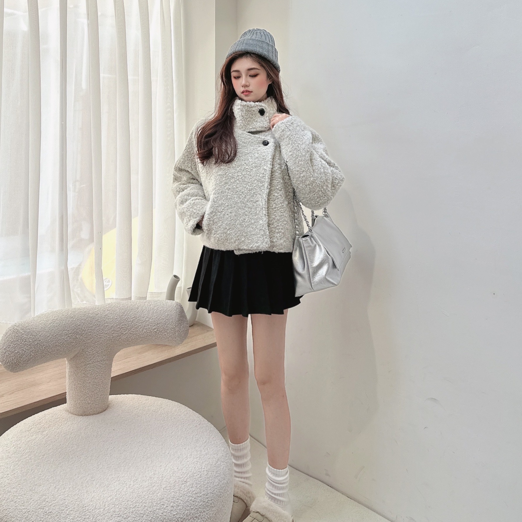 QQ羊羔毛立領鋪棉外套/二色