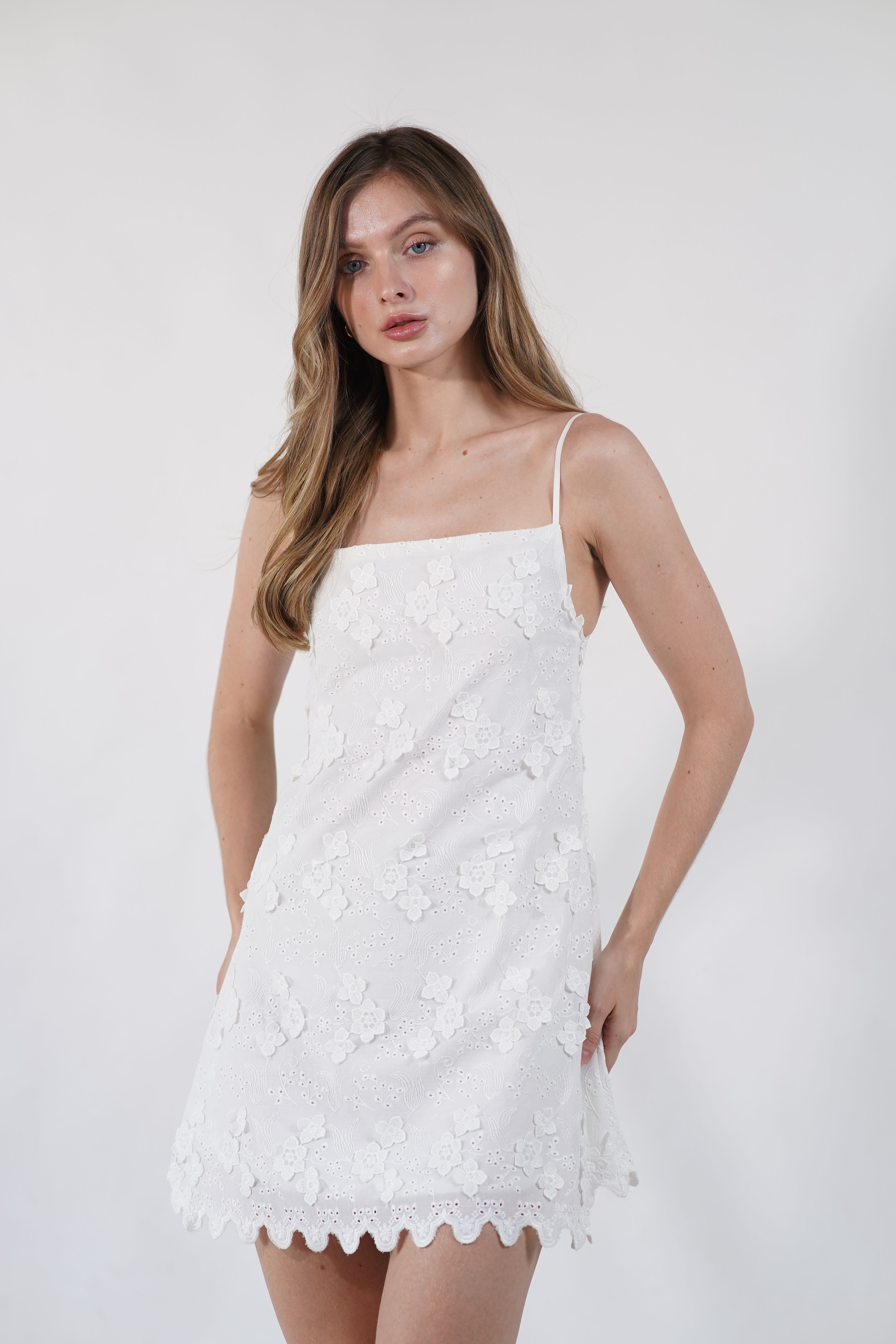 Beatrice Dress - White Embossed Florals