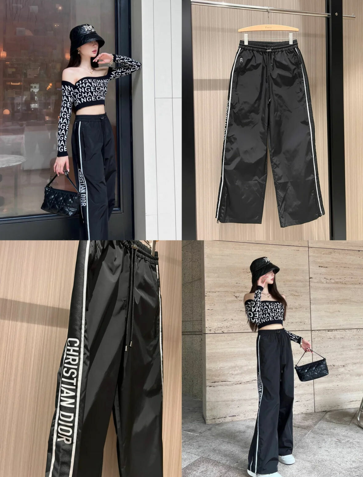 Dior 黑色白邊LOGO 顯腿直長褲 -M