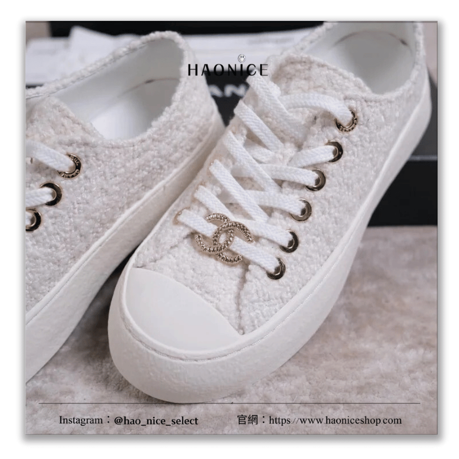 【HAO NICE】100%正品 CHANEL 法國精品🇫🇷金色logo毛絨休閒低筒帆布鞋 白花椰菜
