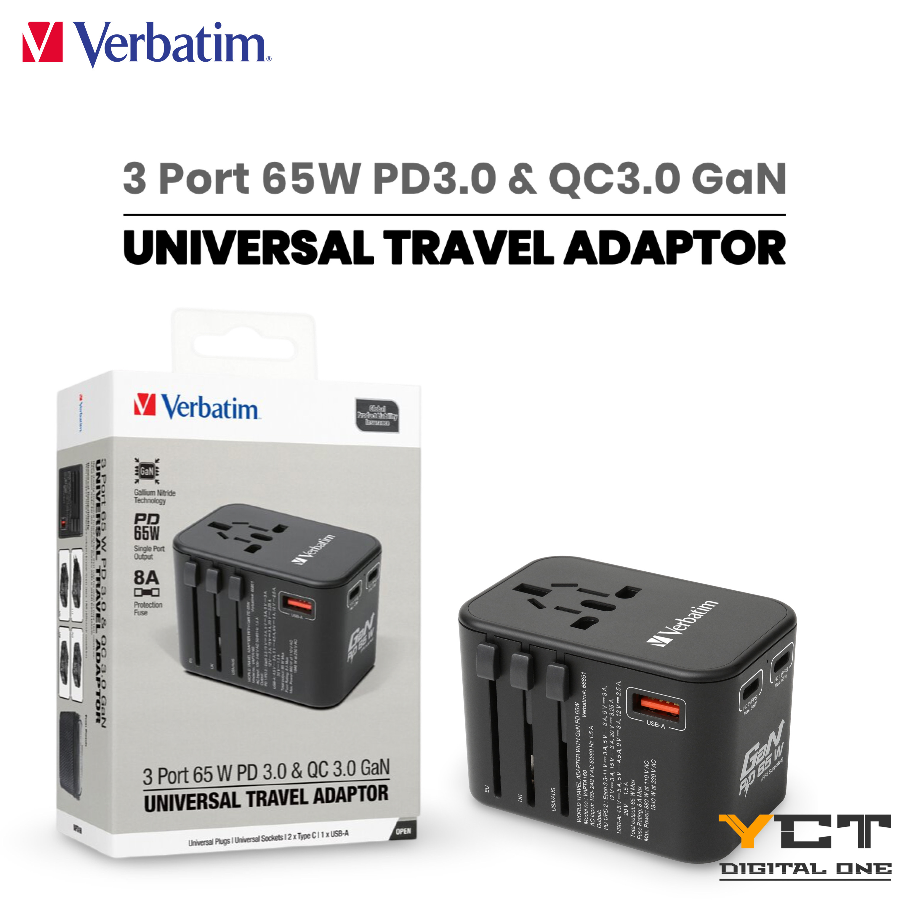 Verbatim 3Port 65W PD 3.0 & QC 3.0 GaN 旅行充電器