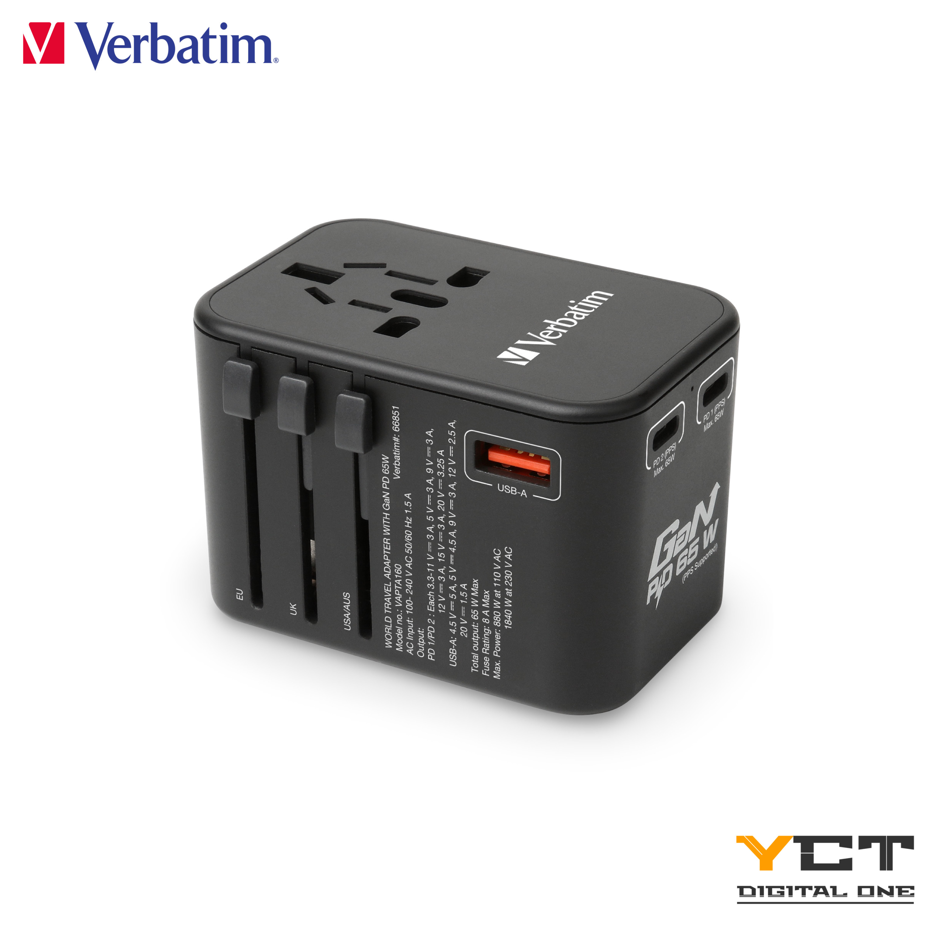 Verbatim 3Port 65W PD 3.0 & QC 3.0 GaN 旅行充電器