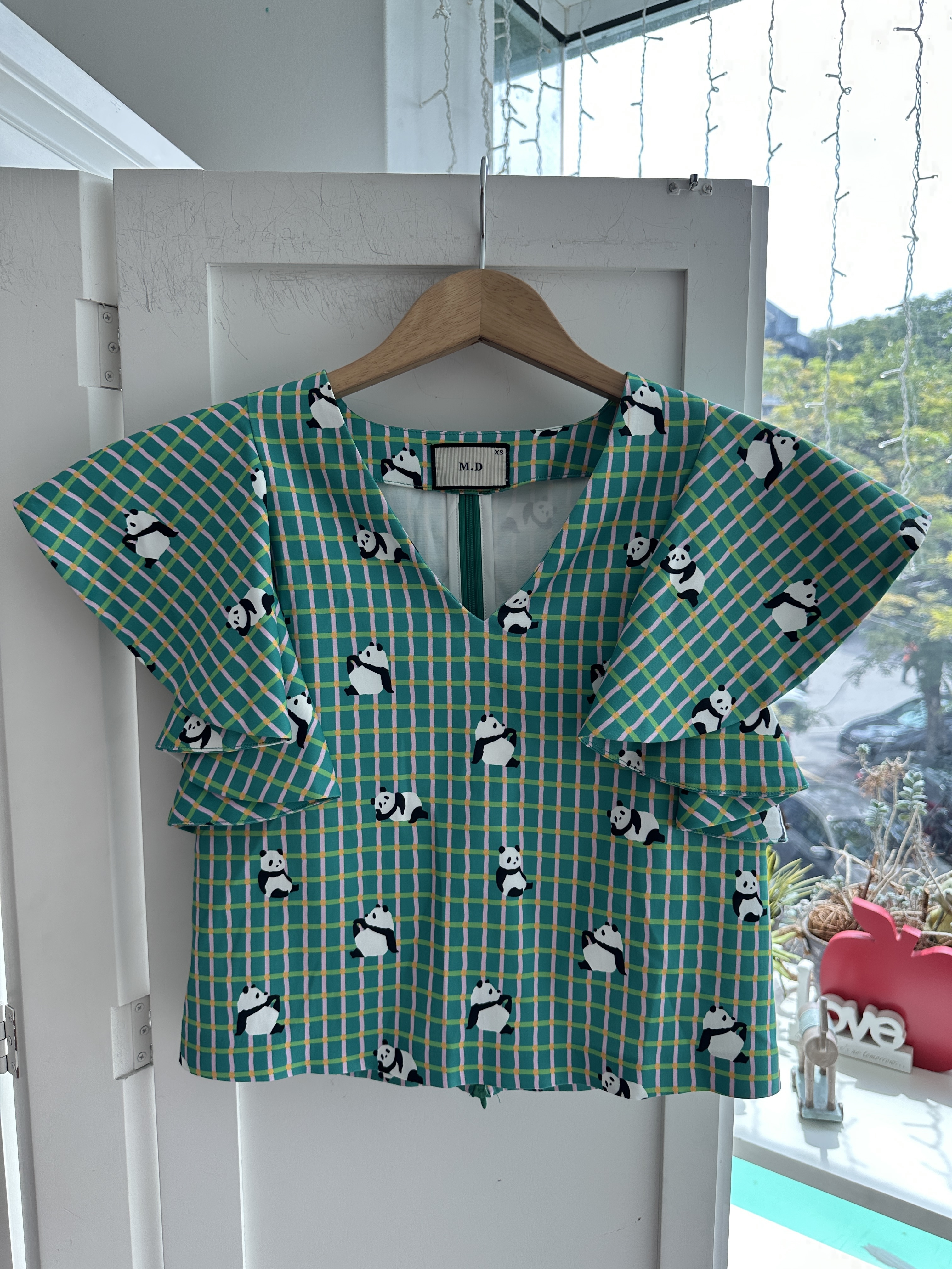 SOLID CHECKED PANDA PRINT BLOUSE