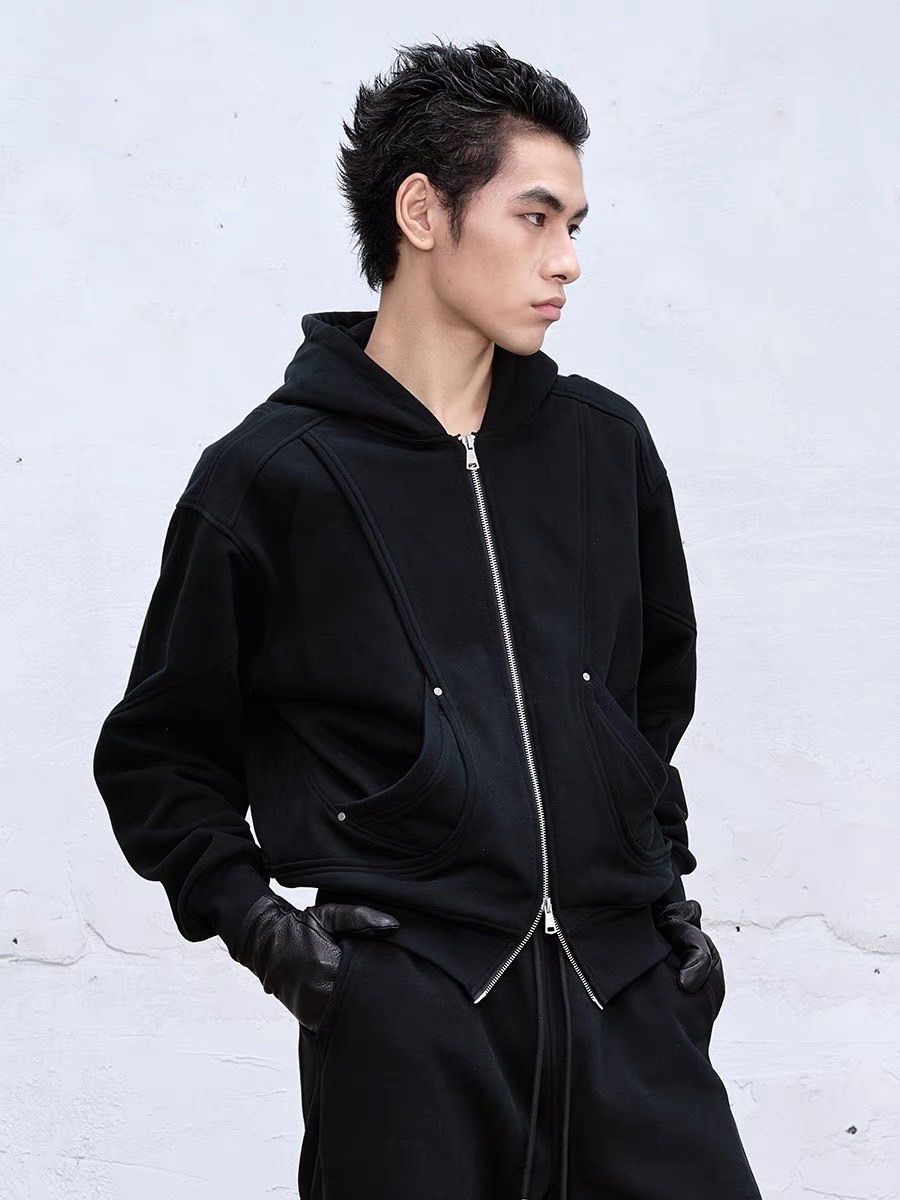 CATSSTAC 飛片解構重磅開襟連帽衛衣男cleanfit純色簡約拉鍊外套