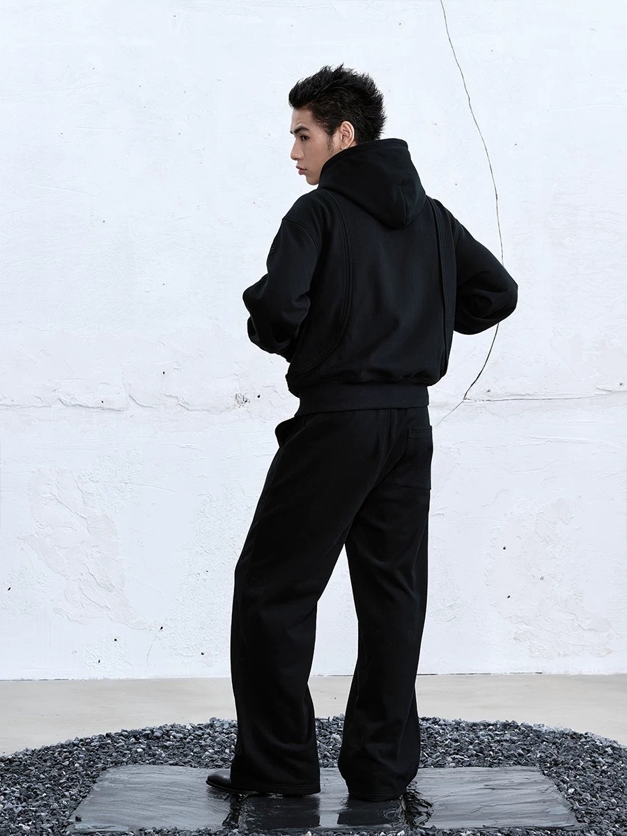 CATSSTAC 飛片解構重磅開襟連帽衛衣男cleanfit純色簡約拉鍊外套