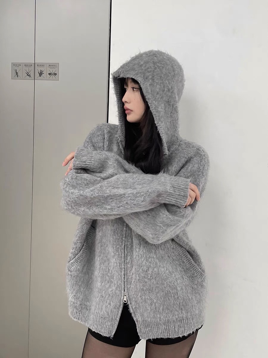 CATSSTAC 灰階雙開拉鍊連帽cleanfit羊毛混紡開襟衫休閒外套