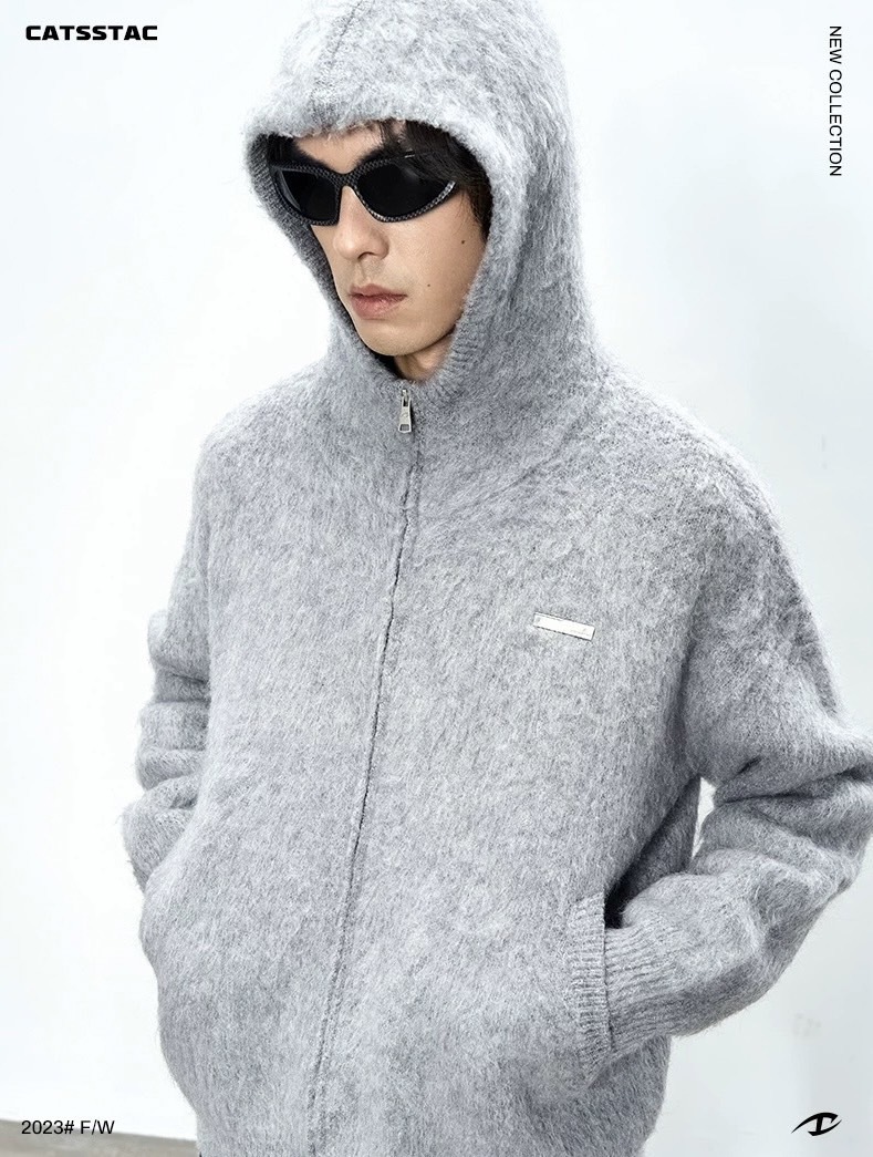 CATSSTAC 灰階雙開拉鍊連帽cleanfit羊毛混紡開襟衫休閒外套