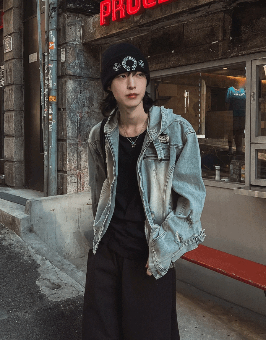 損壞連帽牛仔夾克外套