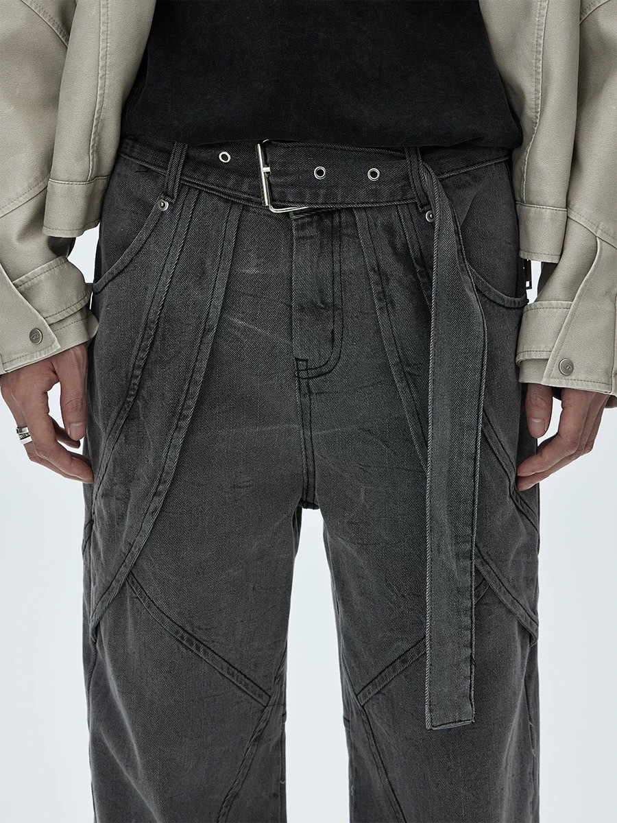 CATSSTAC 可拆式皮帶活頁牛仔褲簡約寬鬆直筒寬褲