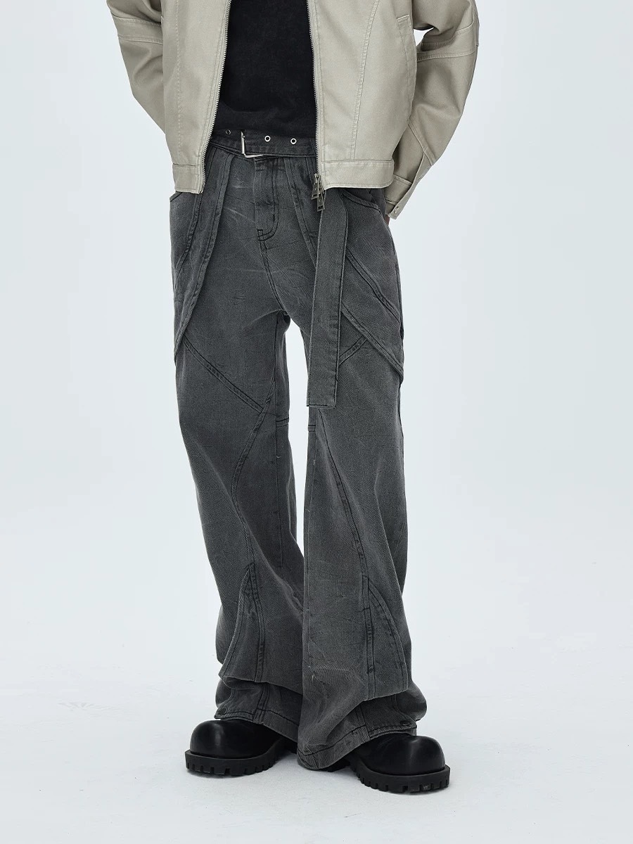 CATSSTAC 可拆式皮帶活頁牛仔褲簡約寬鬆直筒寬褲