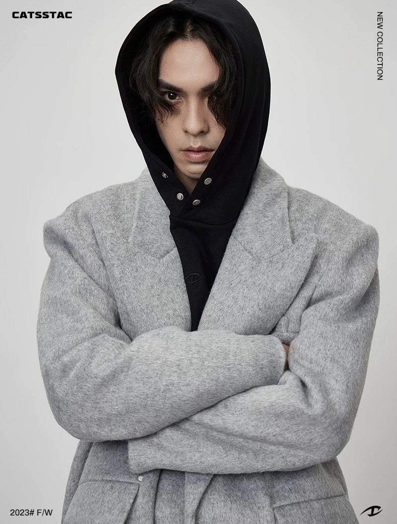 CATSSTAC 重磅廓形進口羊毛大衣冬季加厚墊肩長款風衣外套