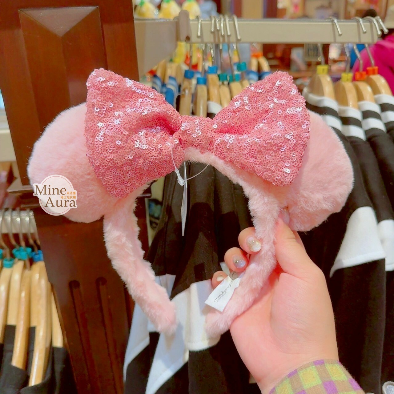 米妮 Minnie 亮片蝴蝶結 粉素 絨毛 造型 髮圈 髮箍 -香港迪士尼樂園