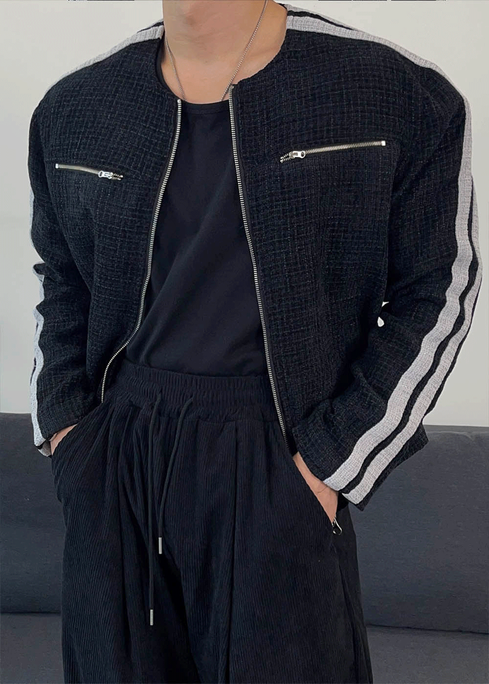 花呢休閒無領夾克外套