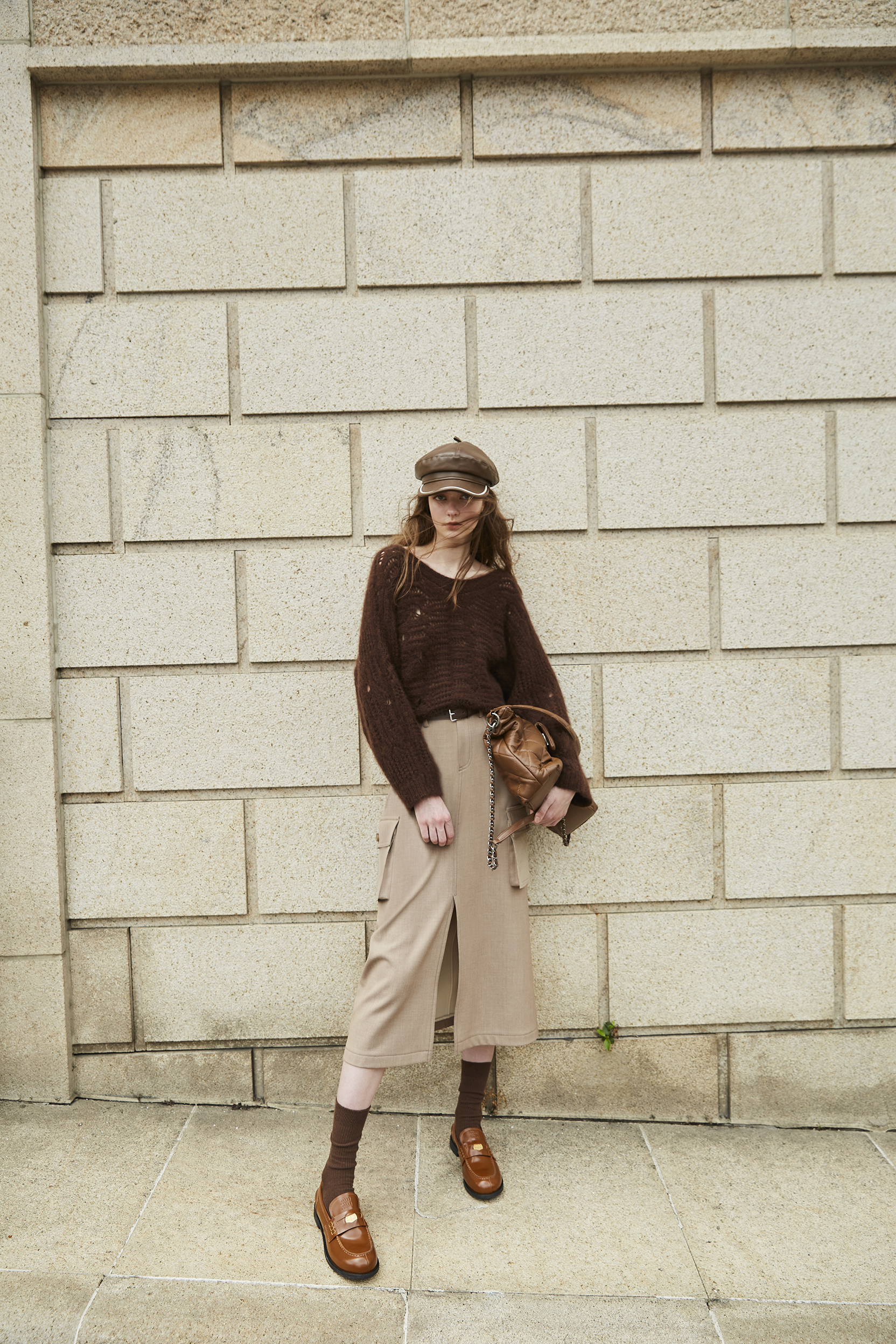 BD15022C1 混色複合內刷毛工裝長A裙 (附皮帶/2色)