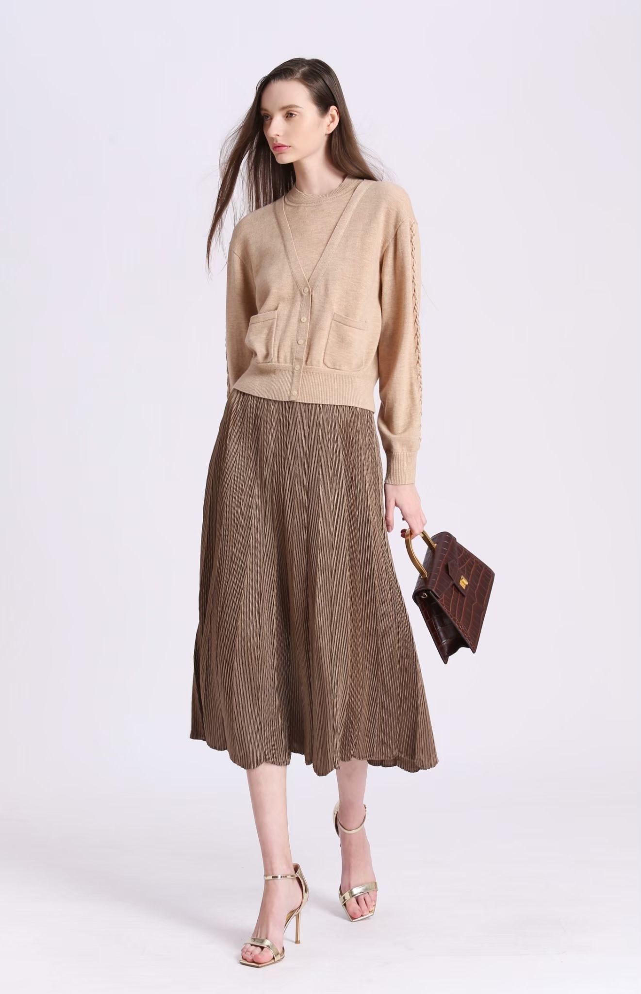 BD15306C1 霧金流光壓褶中長裙