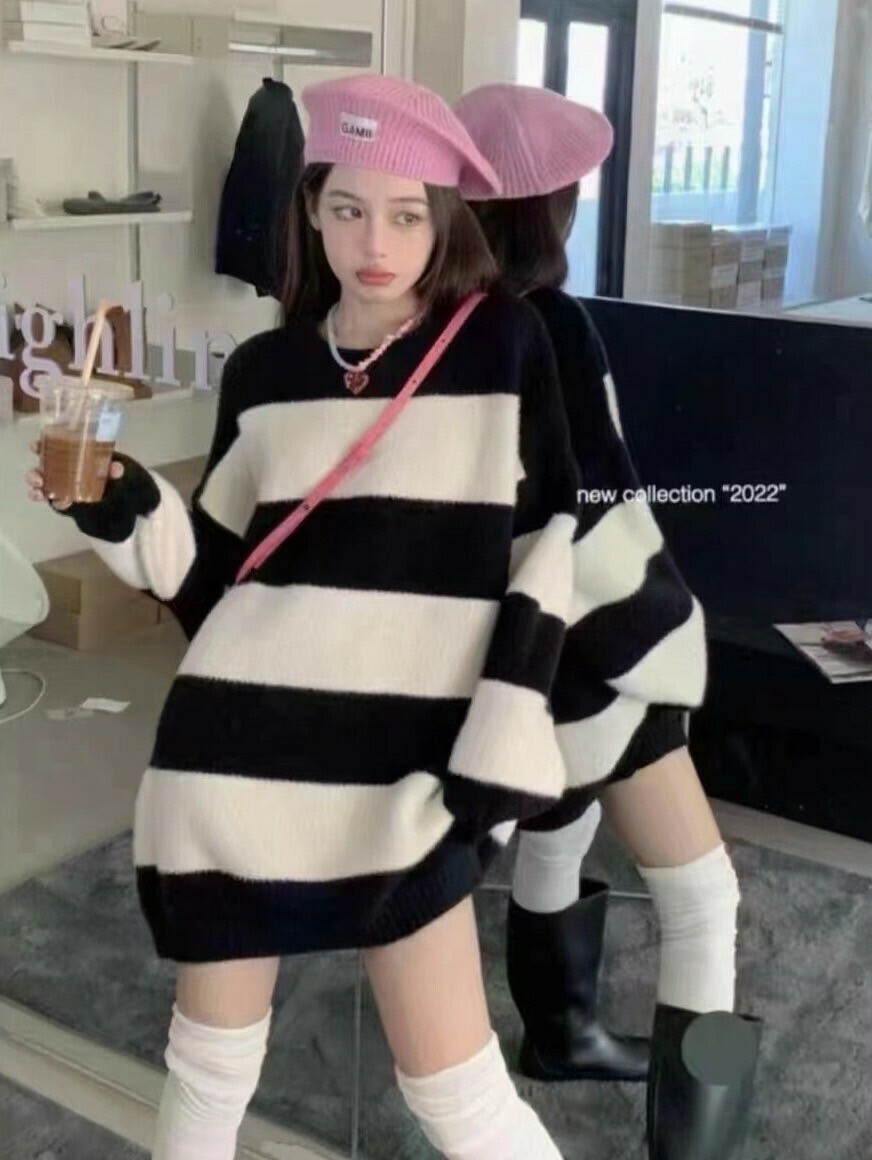 寬條海毛針織長版衣