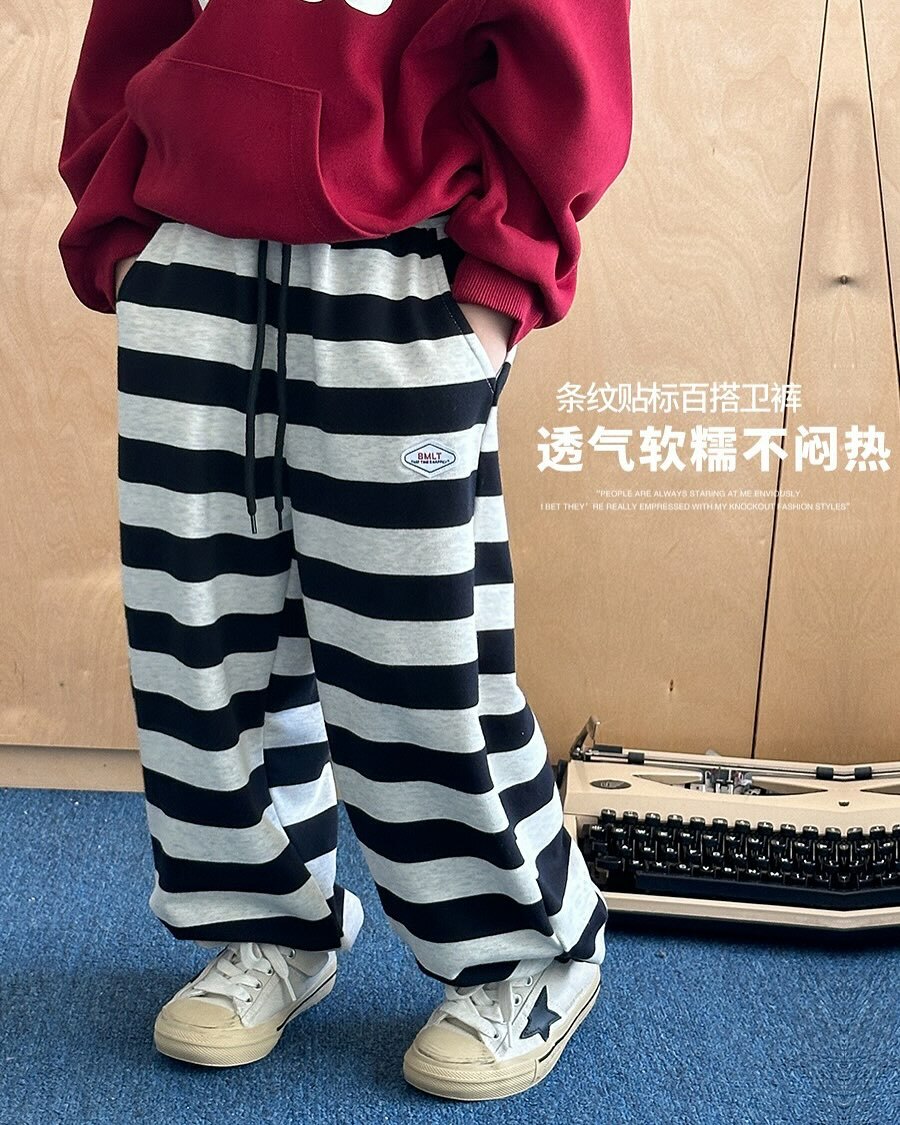 小標透氣條紋百搭棉褲