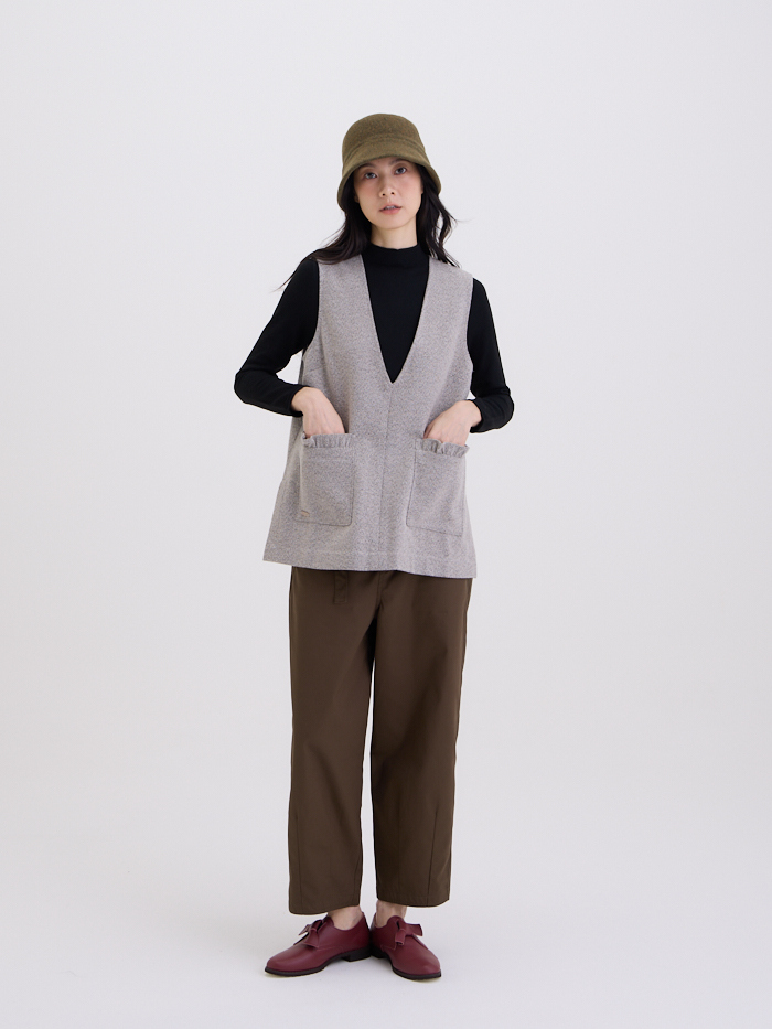 大V領野原口袋罩衫-蕎麥灰