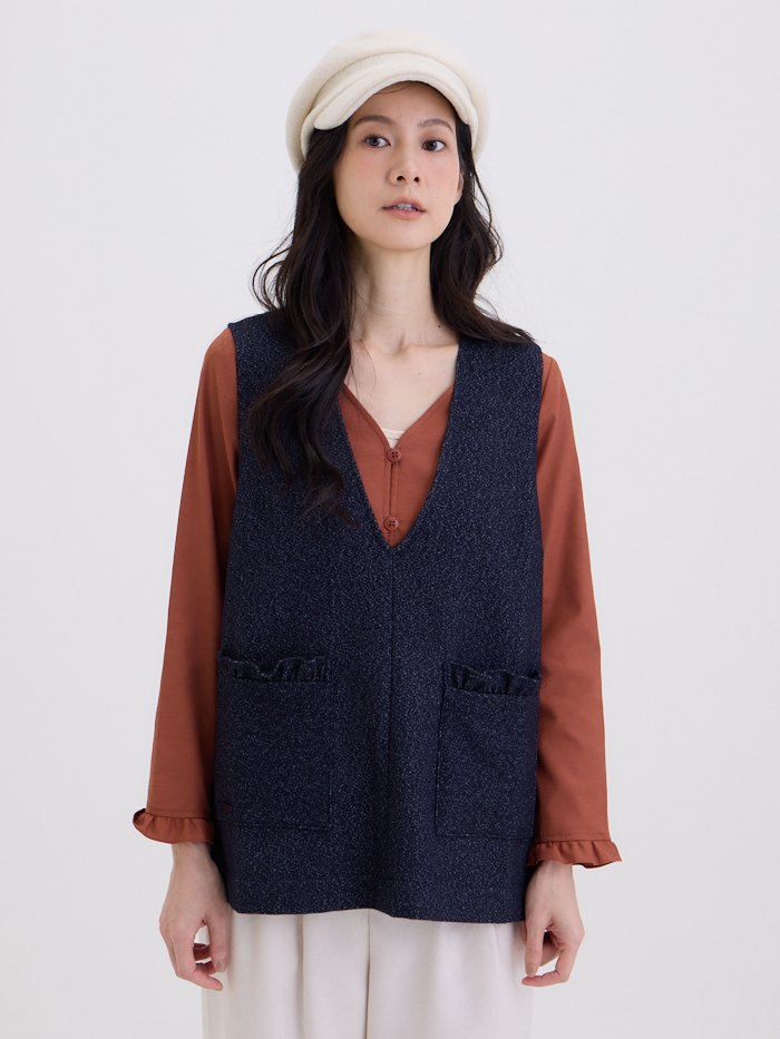 大V領野原口袋罩衫-藏青