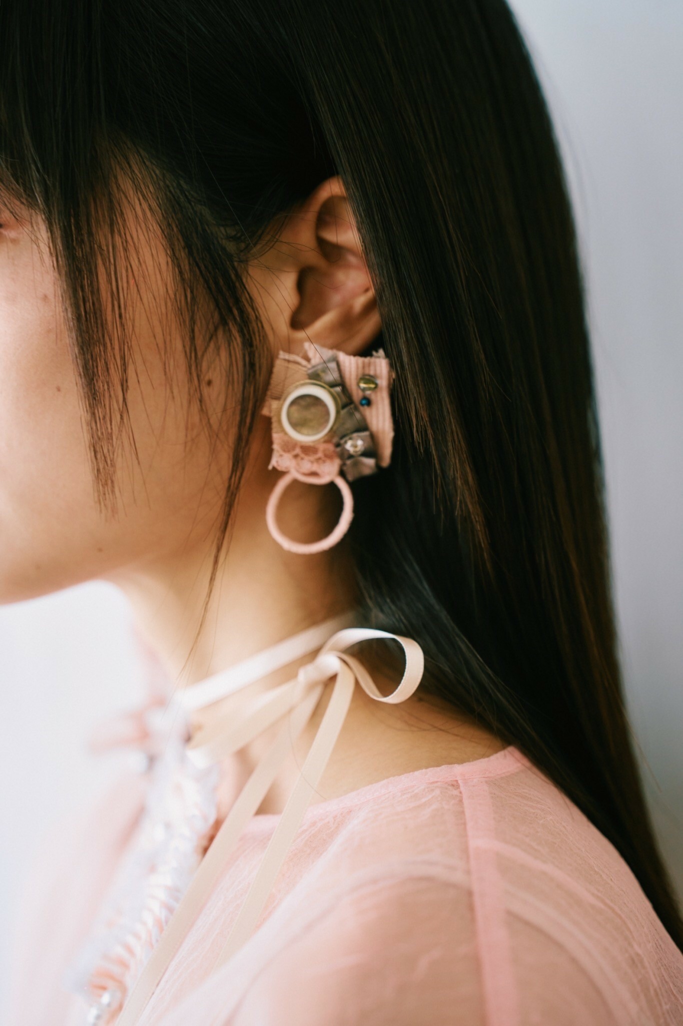 12週年- 《粉色夢境》緞帶耳環（ 2 ways） -白色緞帶款