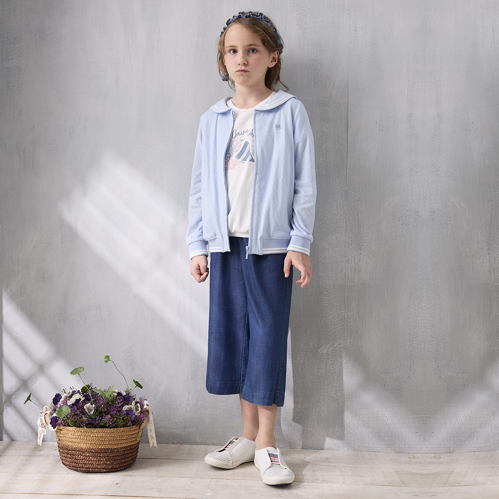 PIPPY 簡約百搭棉質彈性寬口7分長褲 藍