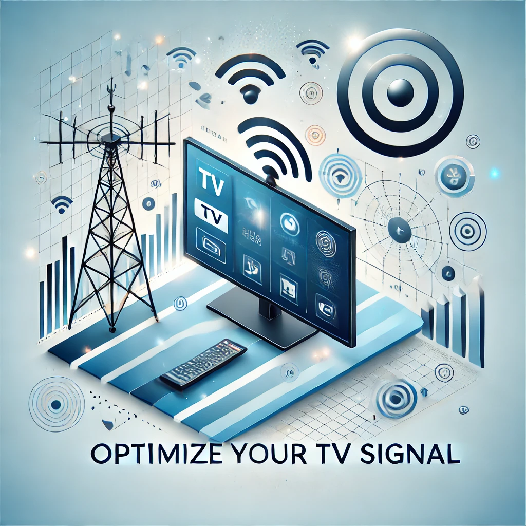 Graphic depicting TV signals and antennas, featuring a modern television screen with clear channels, a rooftop antenna emitting signal waves, and a blue-to-white gradient background symbolizing clarity and technology. The text 'Optimize Your TV Signal' is prominently displayed.