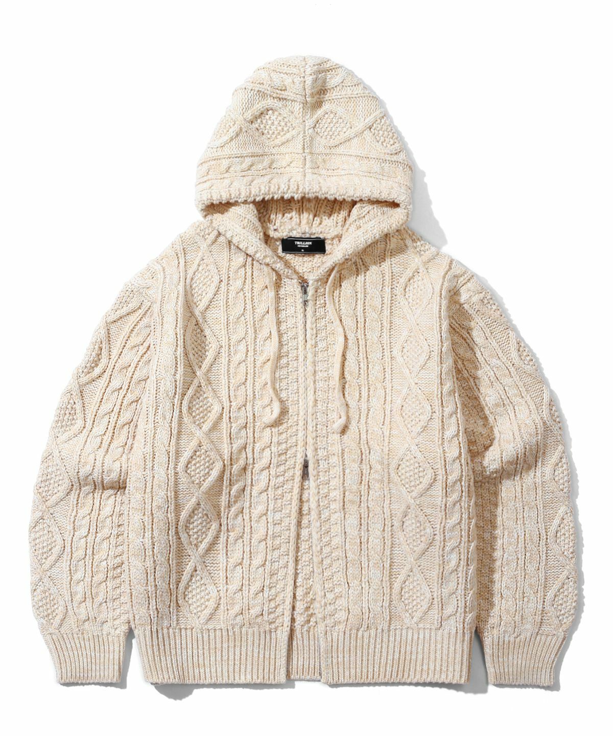 TRILLION Washable Aran Cable Hooded Zip-up Knit