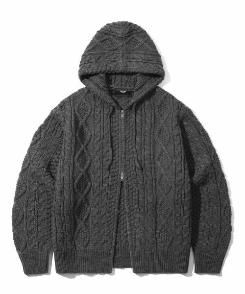TRILLION Washable Aran Cable Hooded Zip-up Knit