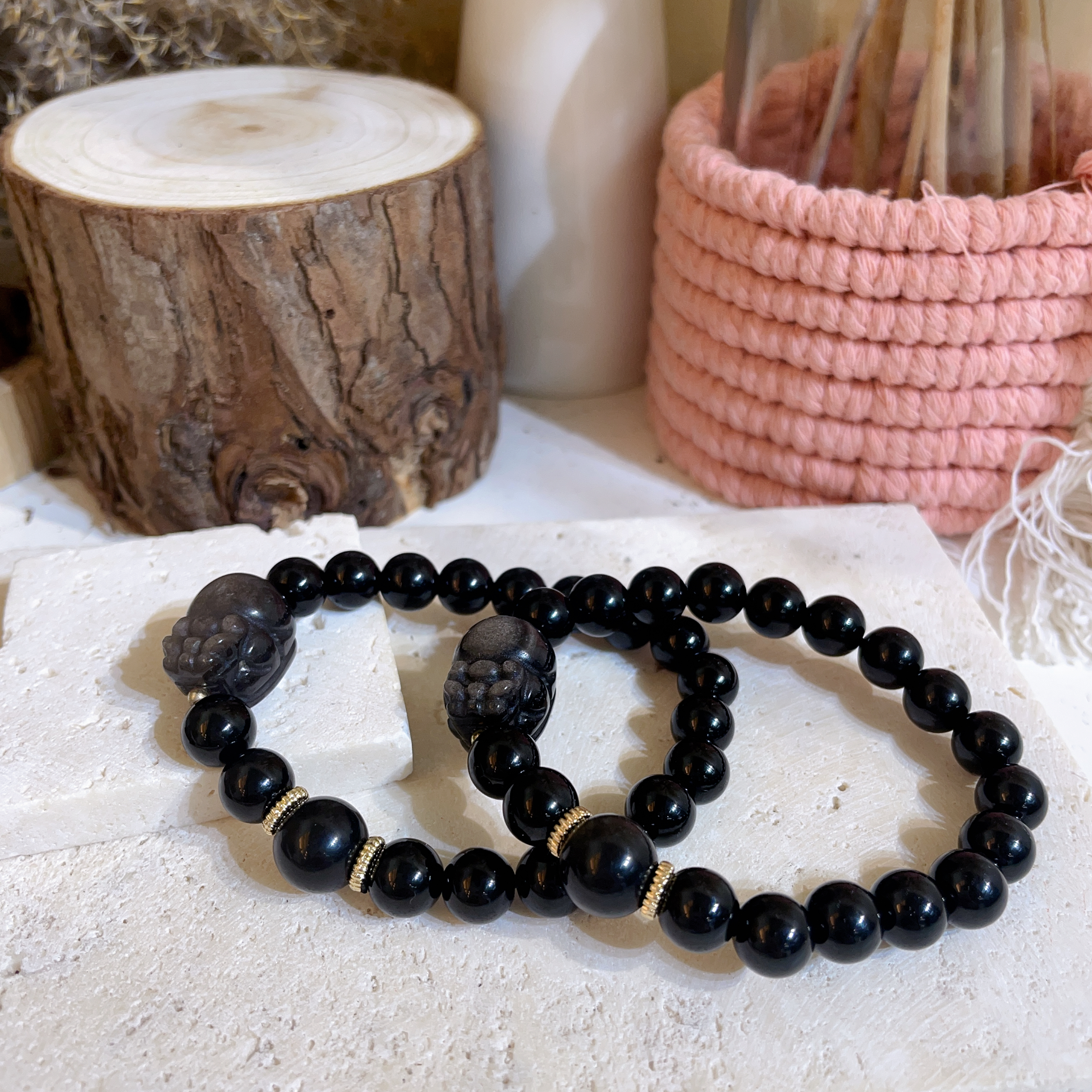 銀曜石貔貅拼黑曜石設計手串 8mm