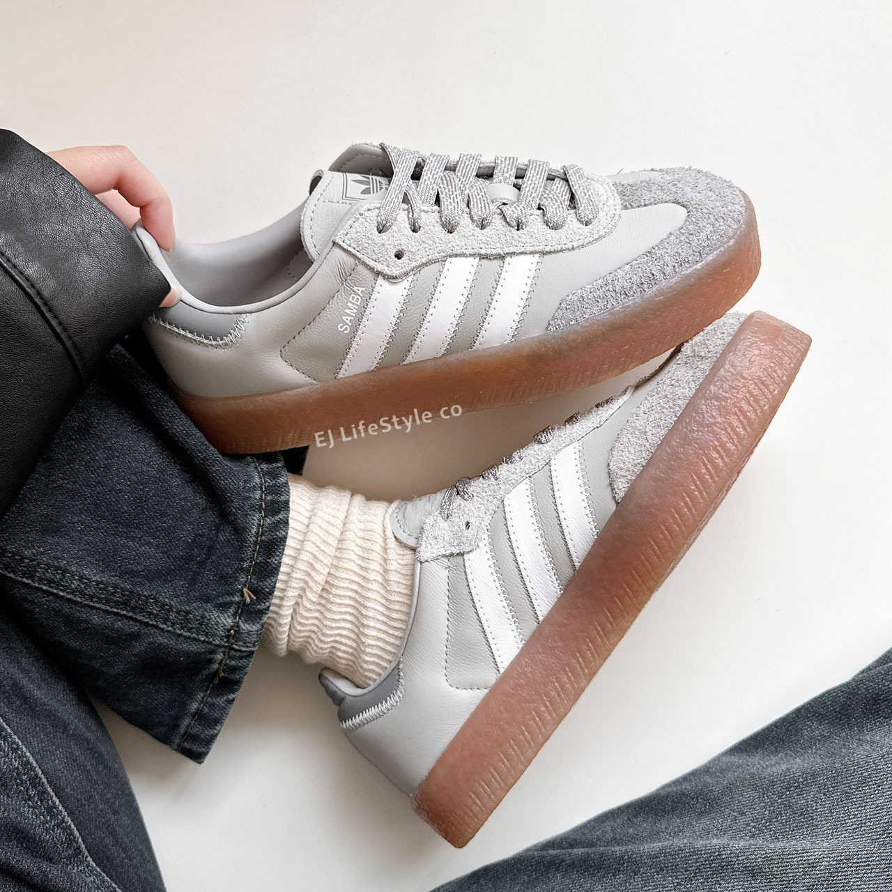 ADIDAS SAMBAE 岩石灰 灰白 灰色 焦糖底 厚底 增高 仿皮革 女鞋 IE9108 / 現貨