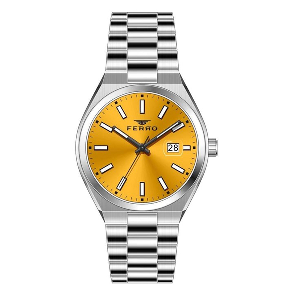 【FERRO 費羅】 F11386AWT 商務 質感 夜光指針 帶日期 不銹鋼  男士 腕錶