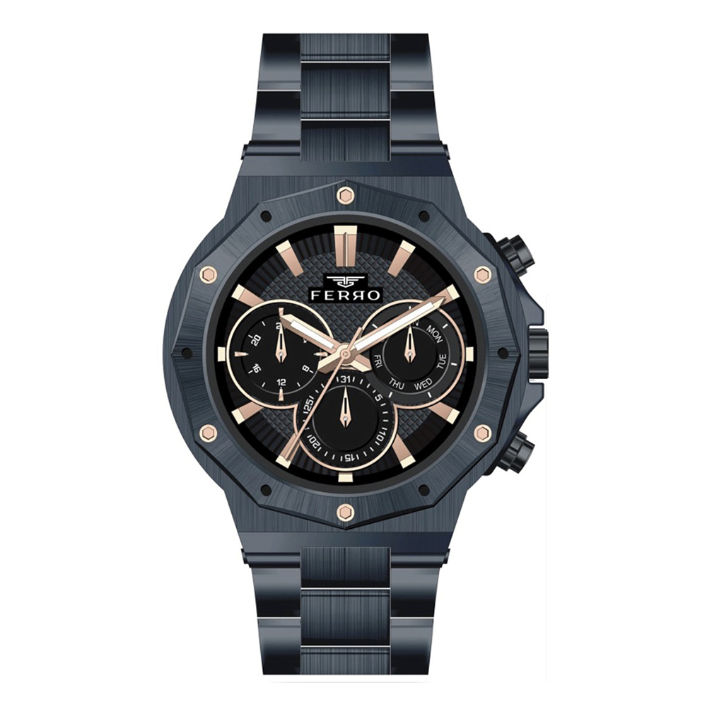 【FERRO 費羅】 FM11365A 商務 質感 夜光指針 不銹鋼 真三眼 男士 手錶