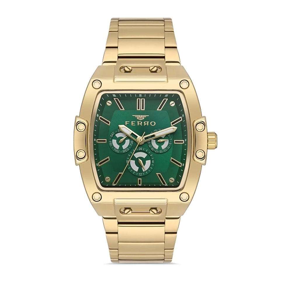 【Ferro 費羅】 FM11437AWT 復古 酒桶型 三眼 日期 星期 夜光 不鏽鋼 腕錶 手錶 -