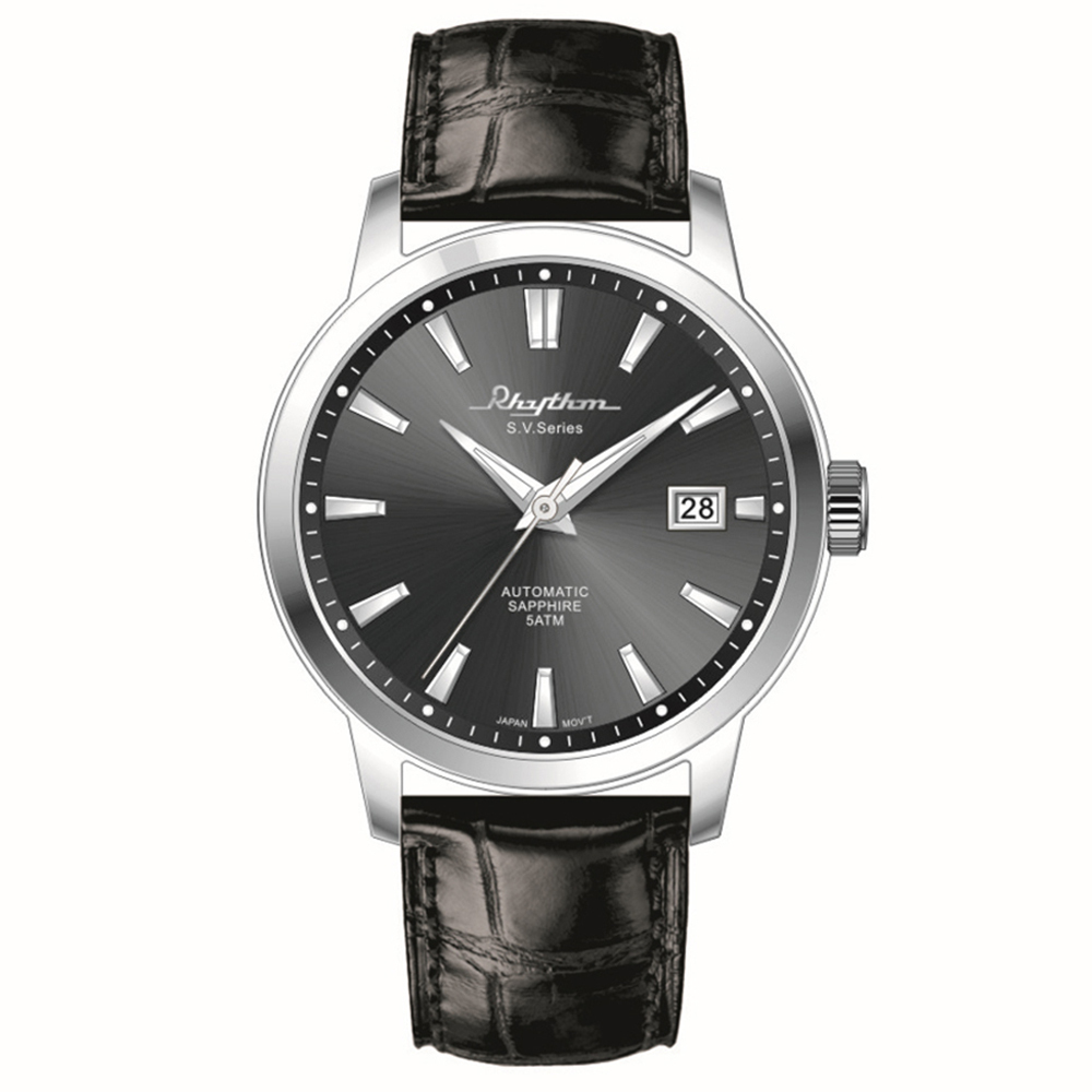 【Rhythm 麗聲】日本高貴高調三針日期顯示皮革機械錶-AS1621-