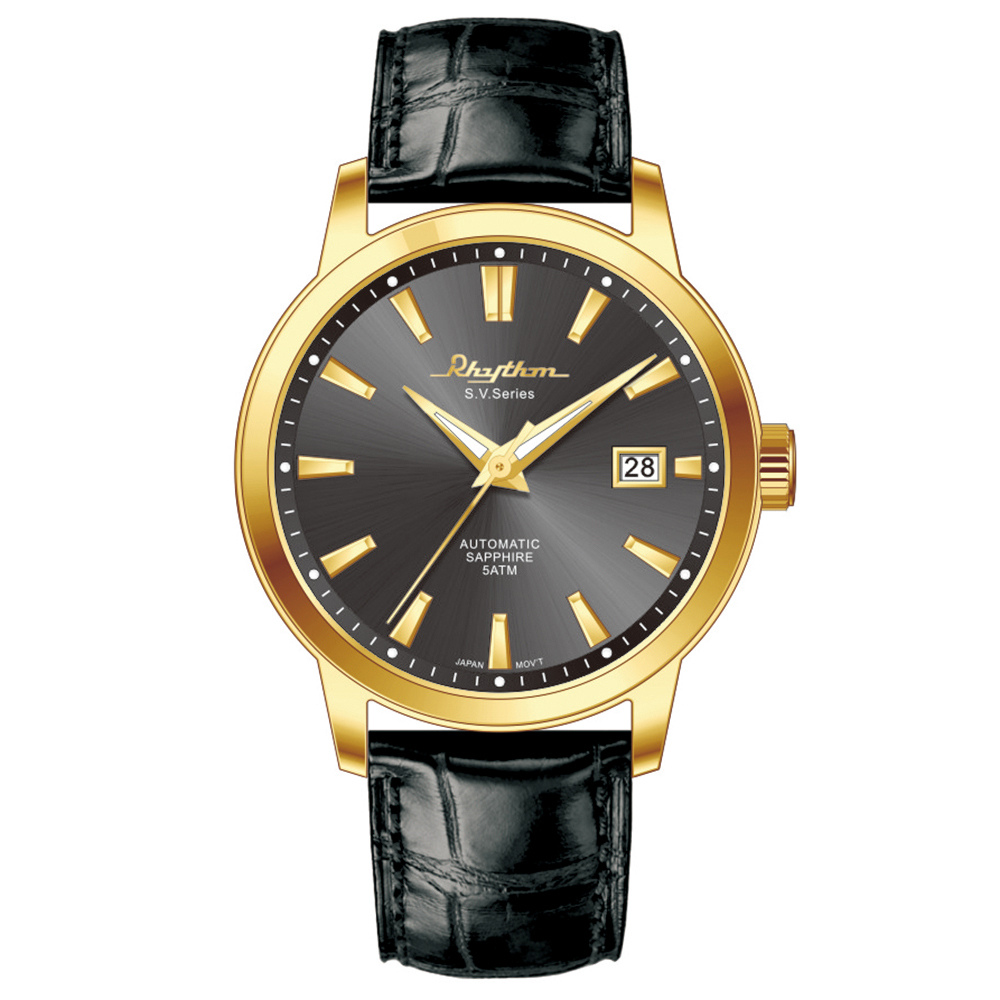 【Rhythm 麗聲】日本高貴高調三針日期顯示皮革機械錶-AS1621-