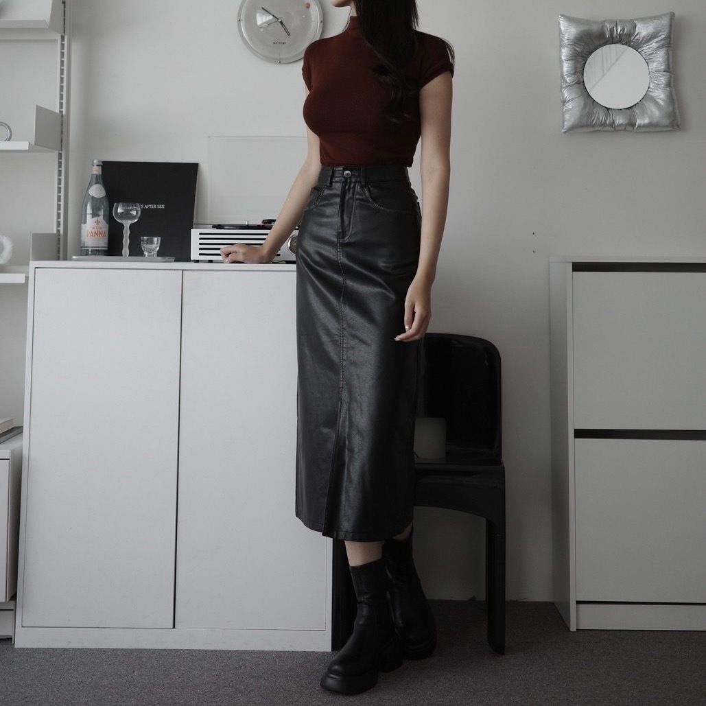 刷舊設計皮長裙