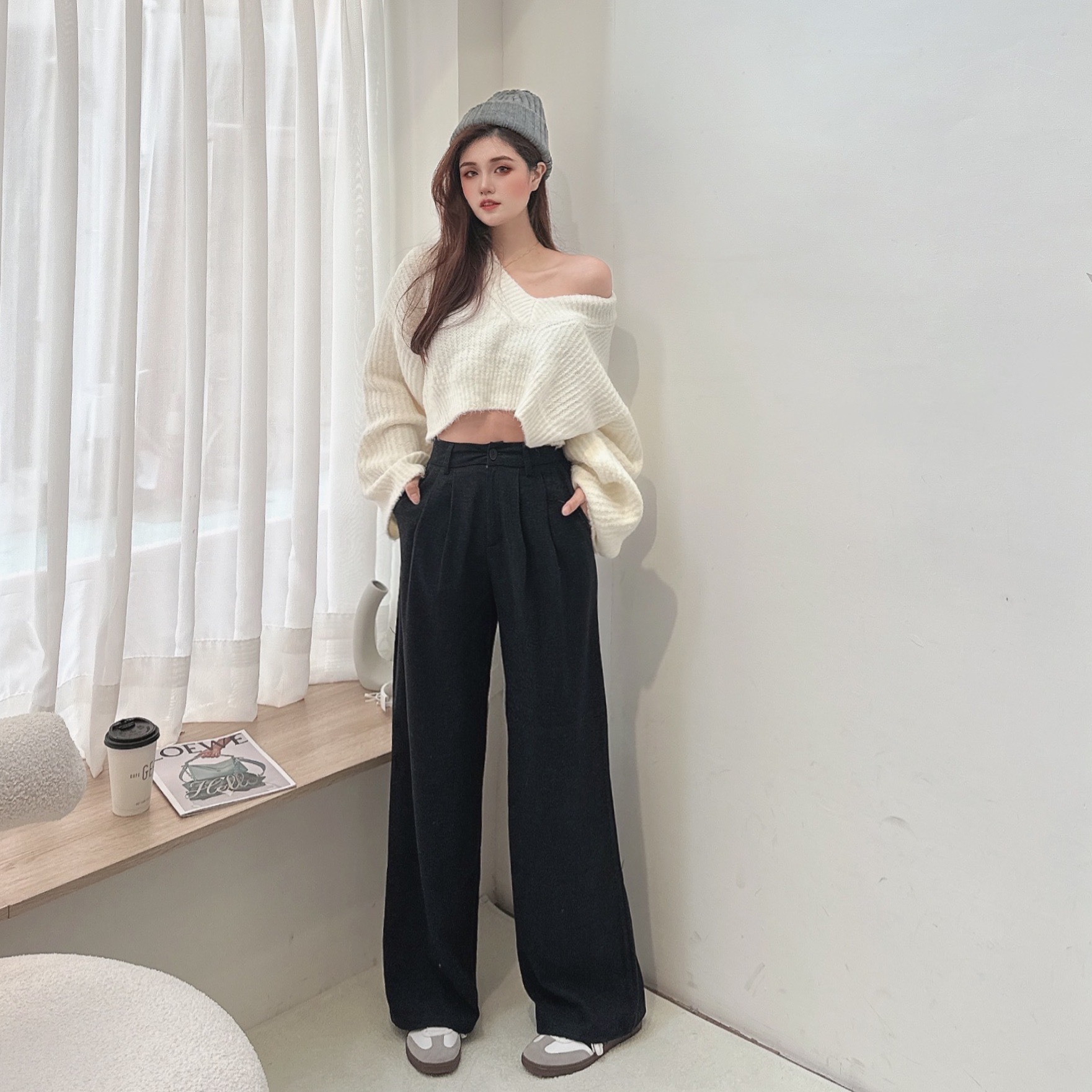 博主風毛呢西裝寬褲/二色