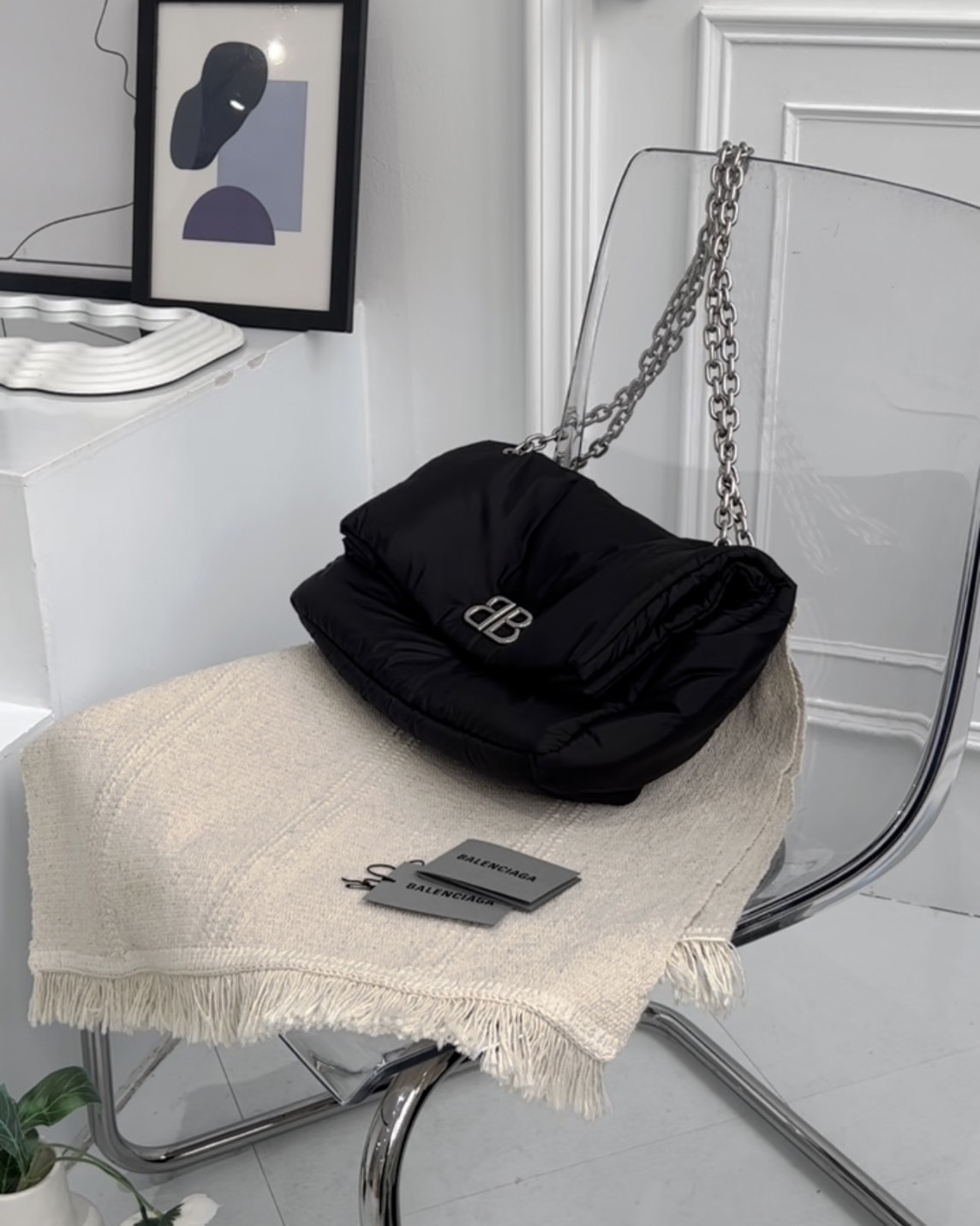 BALENCIAGA｜MONACO尼龍中號鏈條包 黑銀