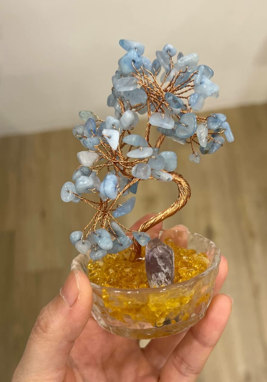 [S] GEMZ & CO BFG CITRINE BASE AQUAMARINE TREE IN GLASS BOWL , X57 (X57)
