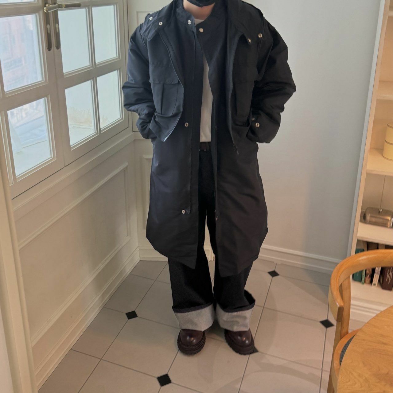 淨色連帽背心拼企領拉鍊長褸(薄夾棉) BY ATTENTION-309JK