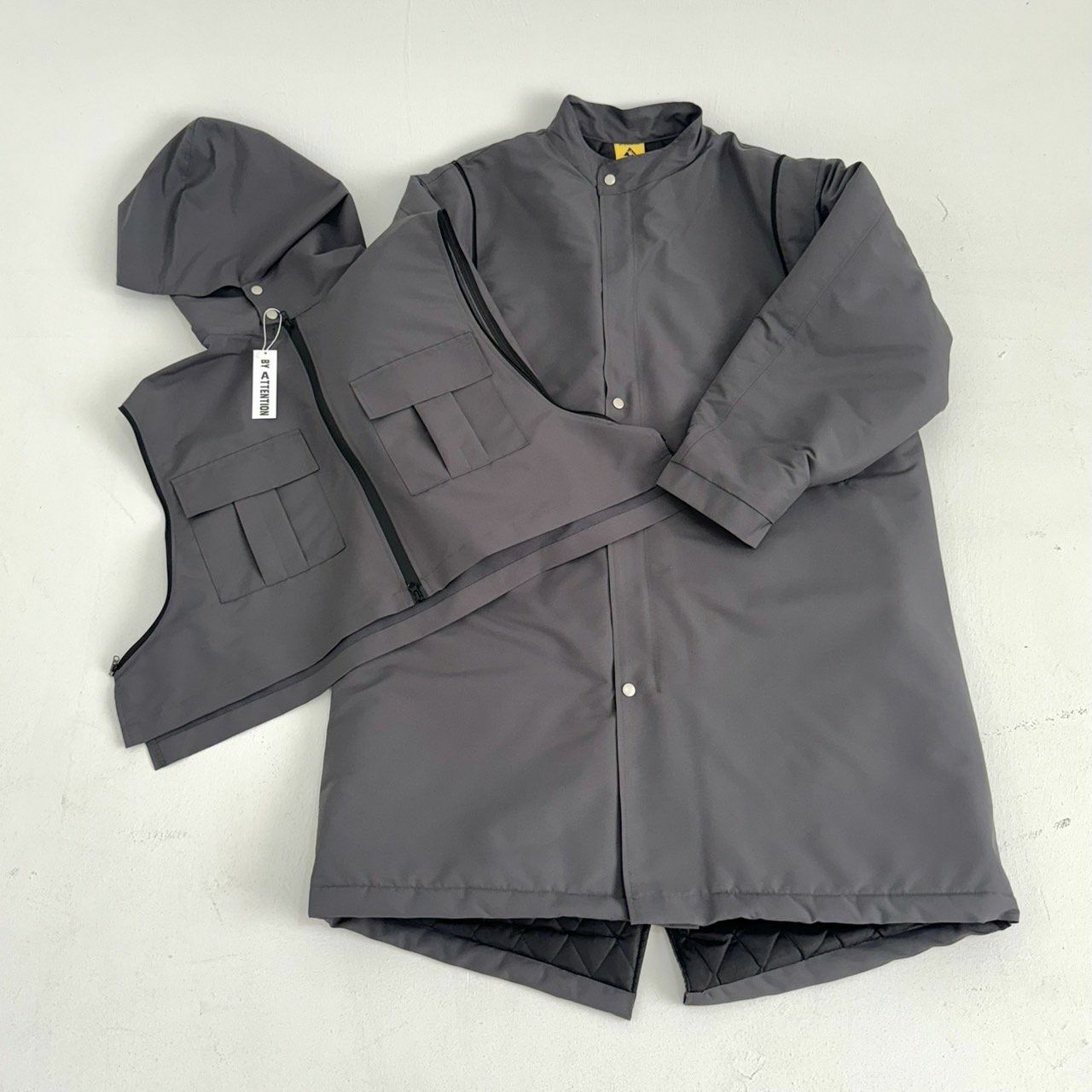 淨色連帽背心拼企領拉鍊長褸(薄夾棉) BY ATTENTION-309JK