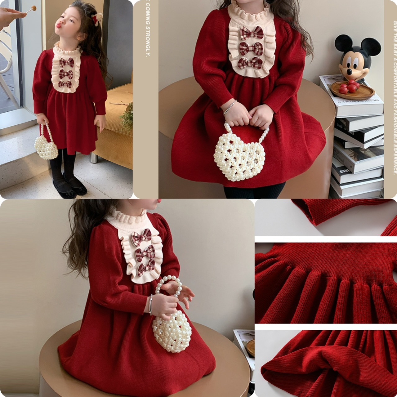 女童賀年紅色針織🧶蝴蝶領連衣裙-2401988