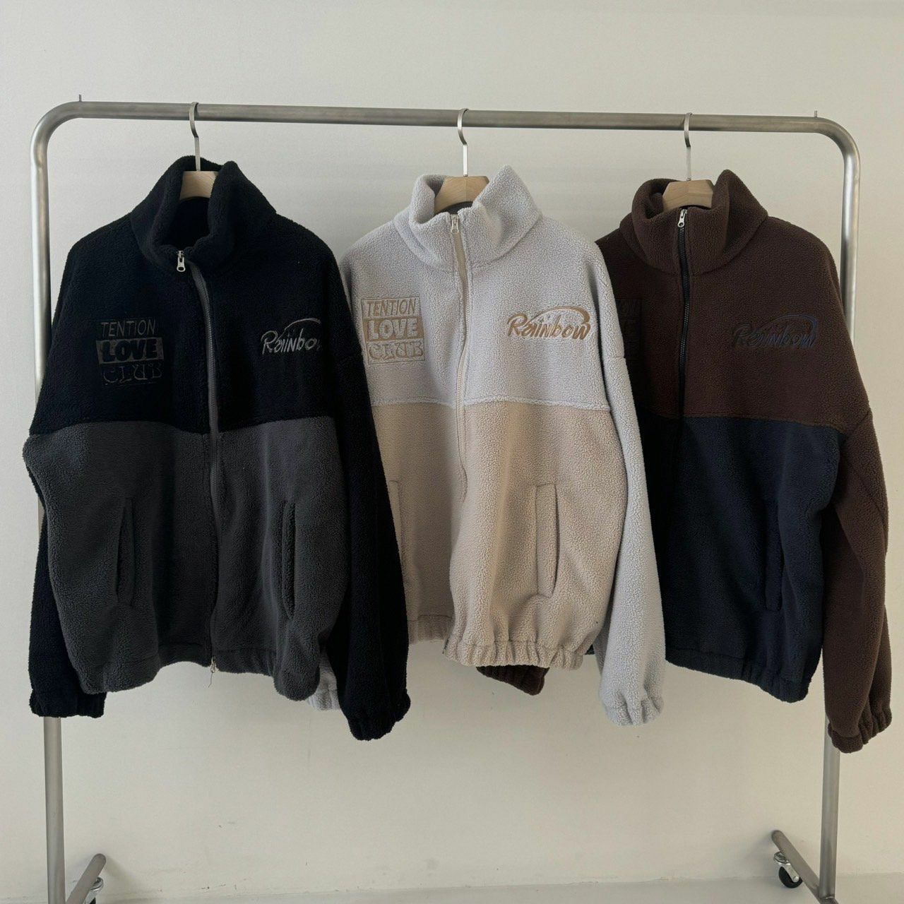 拼色企領拉鍊毛毛褸 BY ATTENTION-326JK