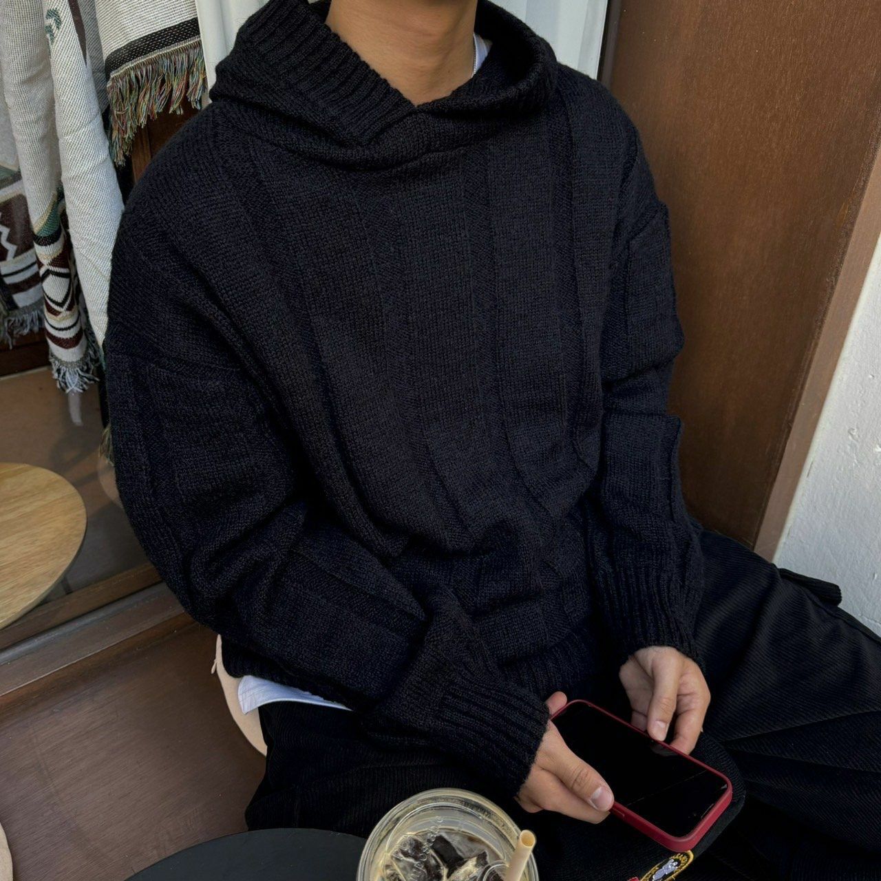 淨色暗直紋連帽針織衫 BY ATTENTION-329T