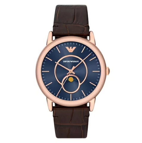 【Armani 亞曼尼】AR11566 復古 簡約 月相 皮革 石英 手錶-