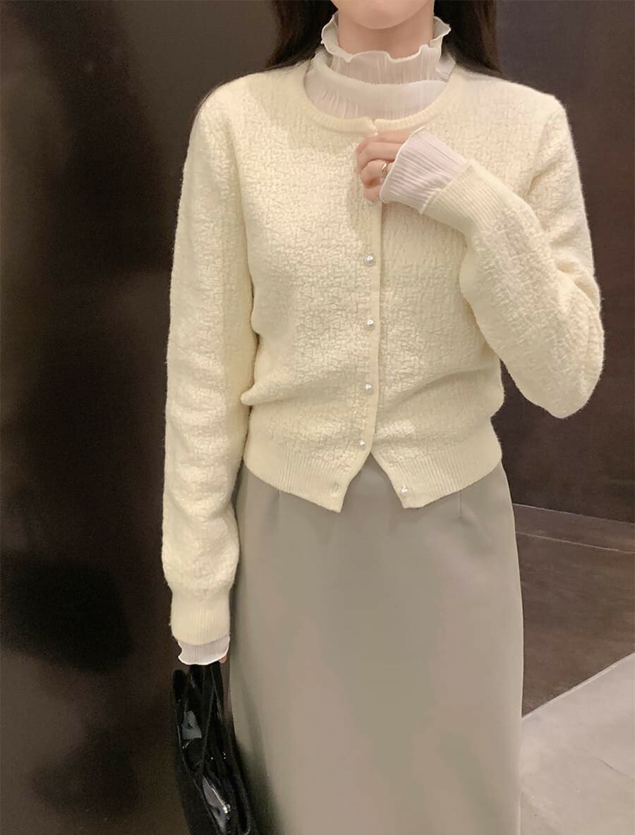 韓國Cherrykoko授權 優雅微閃珍珠砂圓珠排扣衫